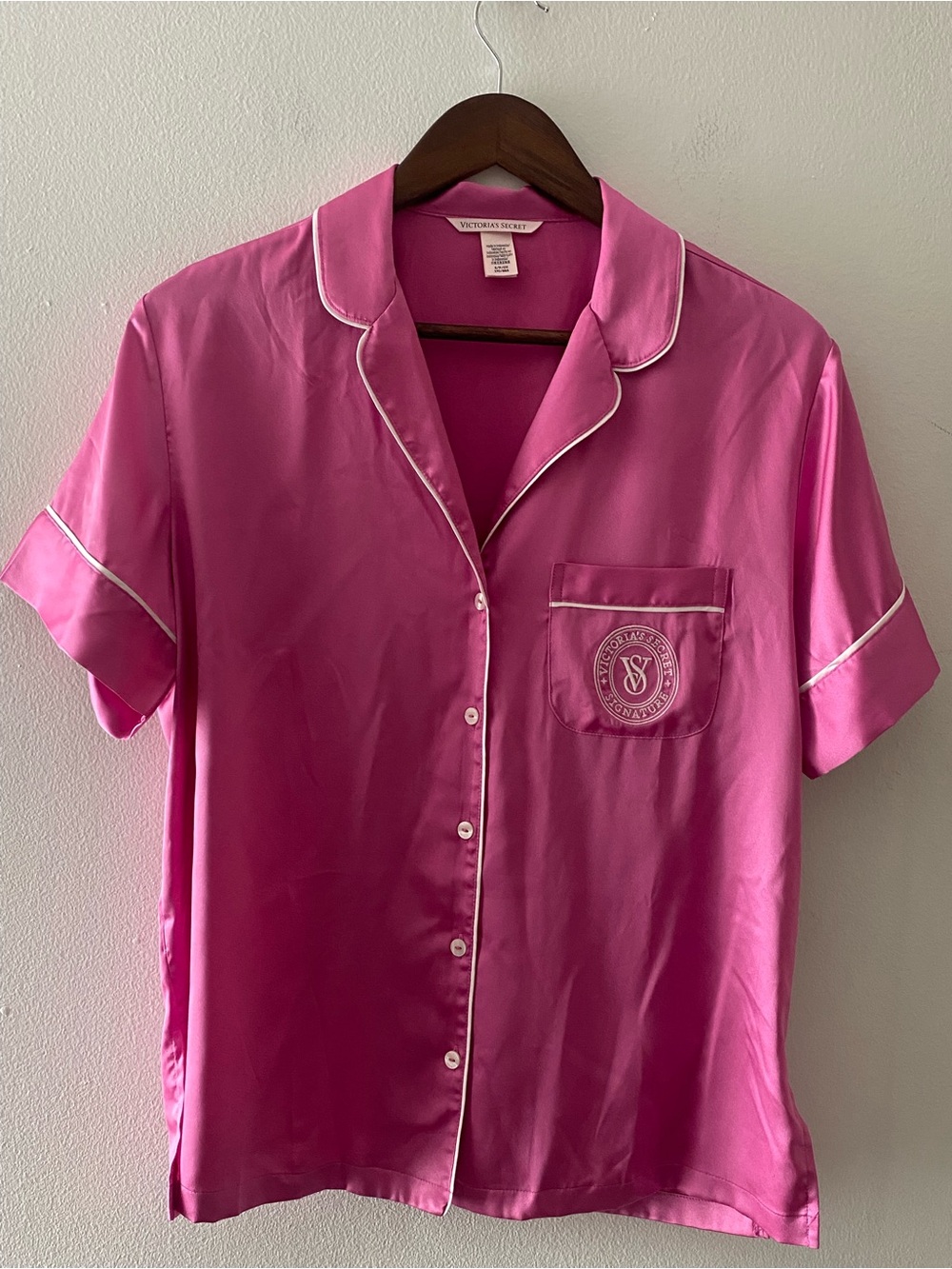 Victoria's Secret Hot Pink Satin Short Sleeve Pajama Top with White Piping